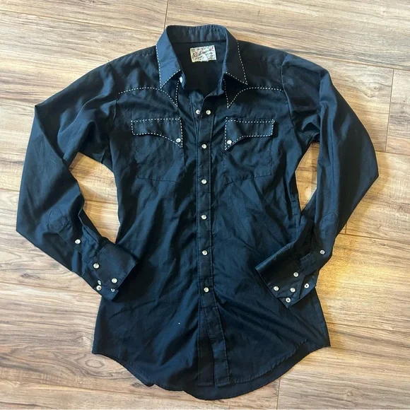 Vintage Rockmount Ranch Wear Black Pearl Snap Western Cowboy Shirt USA M/L - Picture 1 of 4